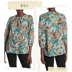 ECI Leaf Print Puff Sleeve Knit Blouse